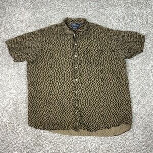 Polo Ralph Lauren Shirt Mens 2XL Brown Bonnard Silk Linen Geometric Button Front